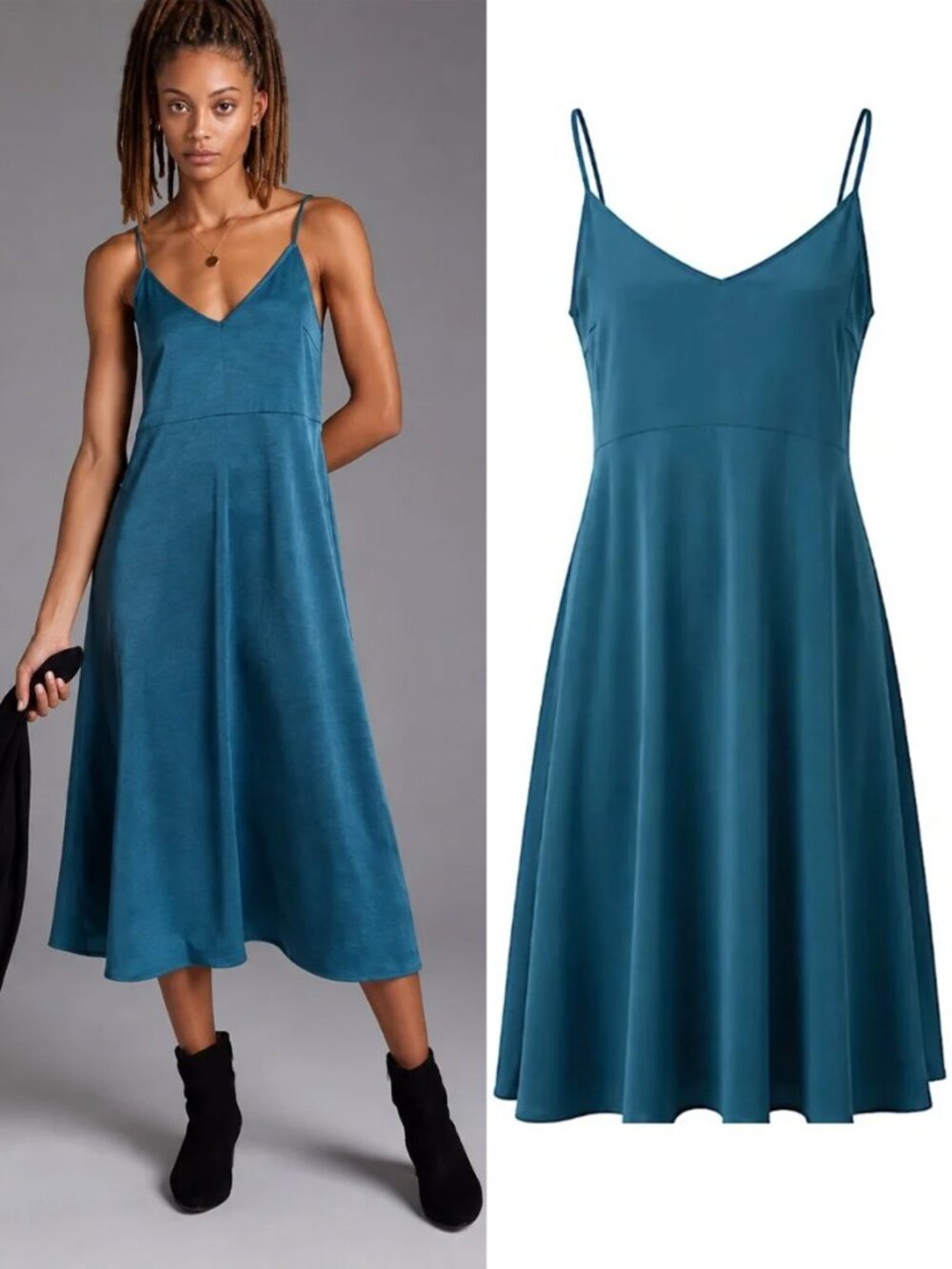Daily Practice by Anthropologie Teal Satin Slip Midi Dress XS Bias Cut Pockets